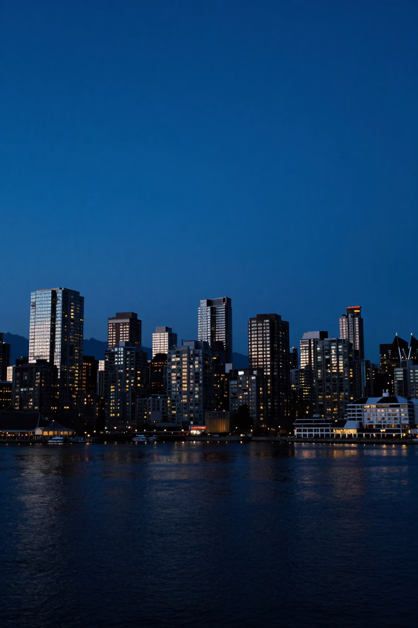 Twilight View of Vancouver Skyline and Harbour from Stanley Park Seawall in in Vancouver, British Columbia, Canada