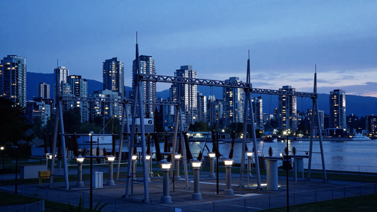 Twilight View of Vancouver Substation Busbars and Urban Skyline Reflections in in Vancouver, British Columbia, Canada