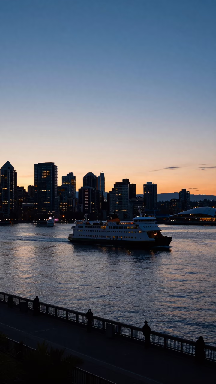 Twilight View of Vancouver Waterfront Promenade with Ferry and City Skyline in in Vancouver, British Columbia, Canada