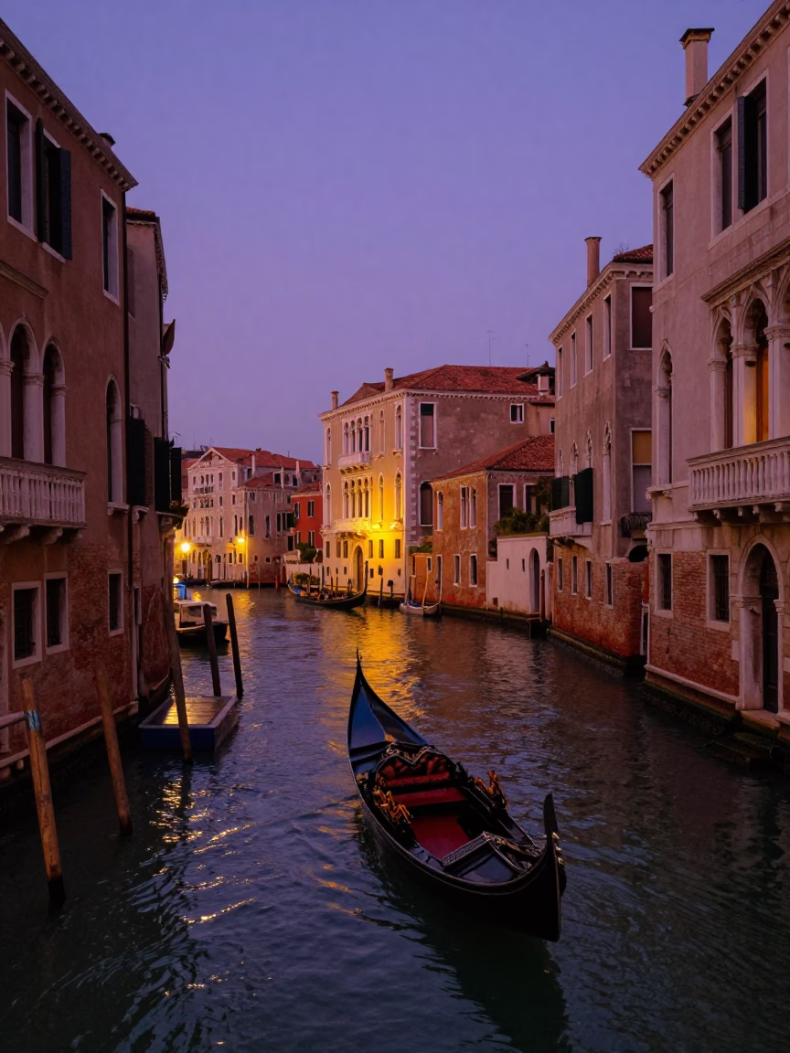 Twilight view of Venetian canal with gondola and historic palazzos in Italy in in Venice, Italy