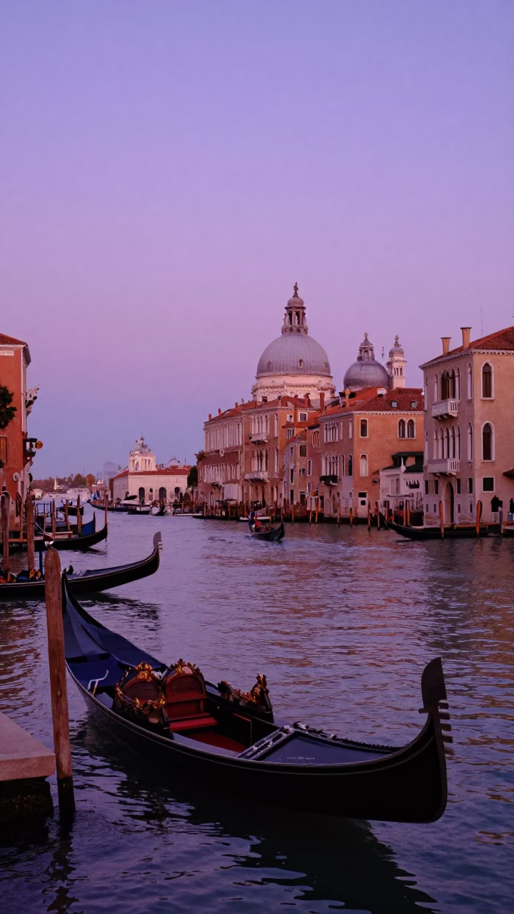 Twilight view of Venetian canal with gondolas and traditional architecture in in Venice, Italy