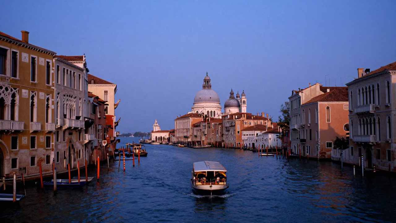 Twilight view of Venice Grand Canal with historic buildings and water reflections in in Venice, Italy