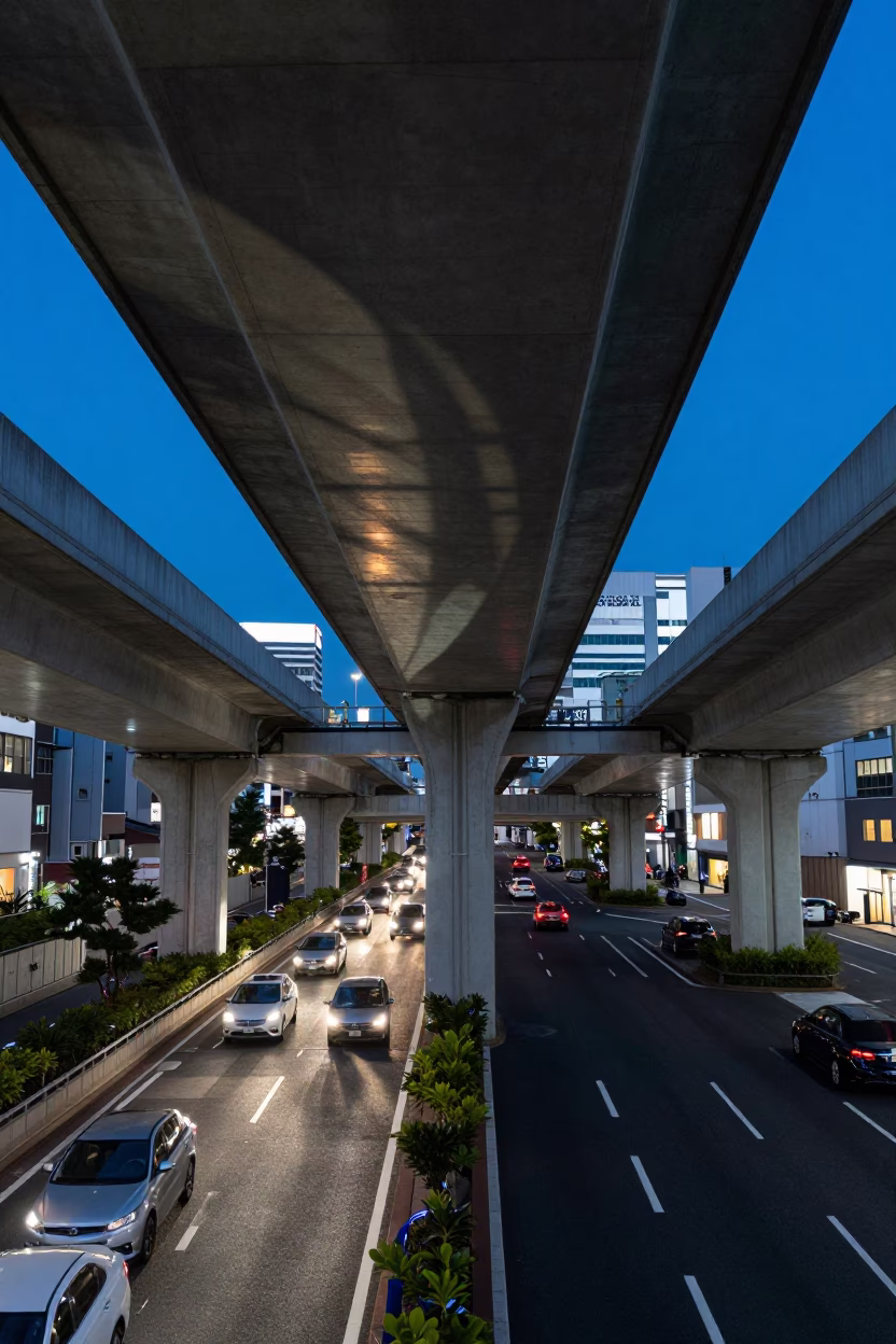 Twilight View Under Tokyo Flyover with Traffic Shadows and Urban Street Life in in Tokyo, Japan