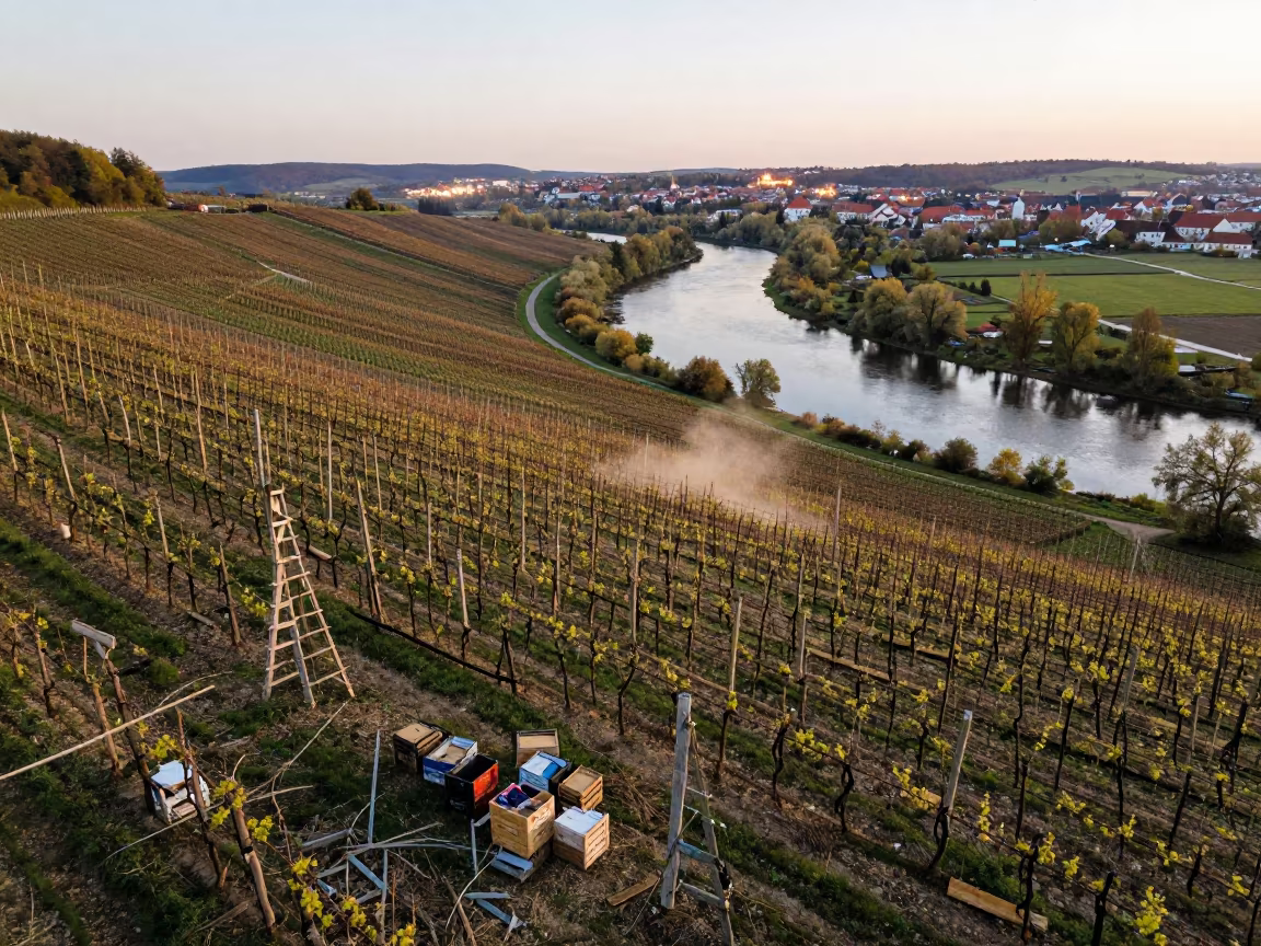 Twilight Vineyard Patchwork Near River Bend in among orchard ladders and crates near Bydgoszcz