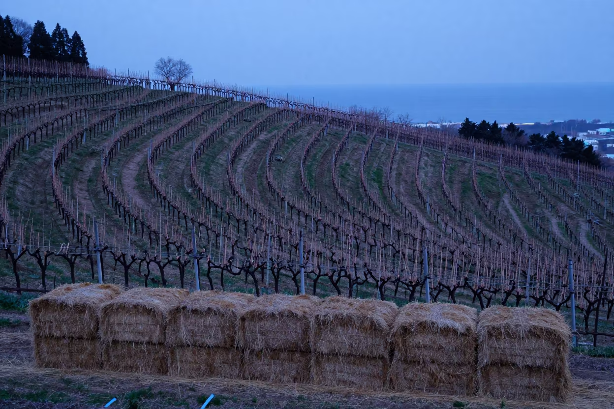 Twilight Vineyard Spiral Amid Hokkaido Hay Bales in beside stacked hay bales in Hokkaido