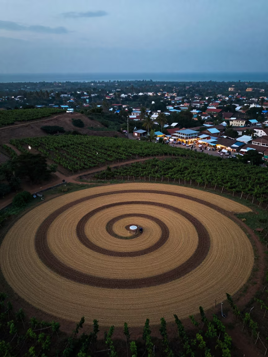Twilight Vineyard Spiral Over Zanzibar Fields in across a harvested grain field near Darajani Market, Zanzibar City