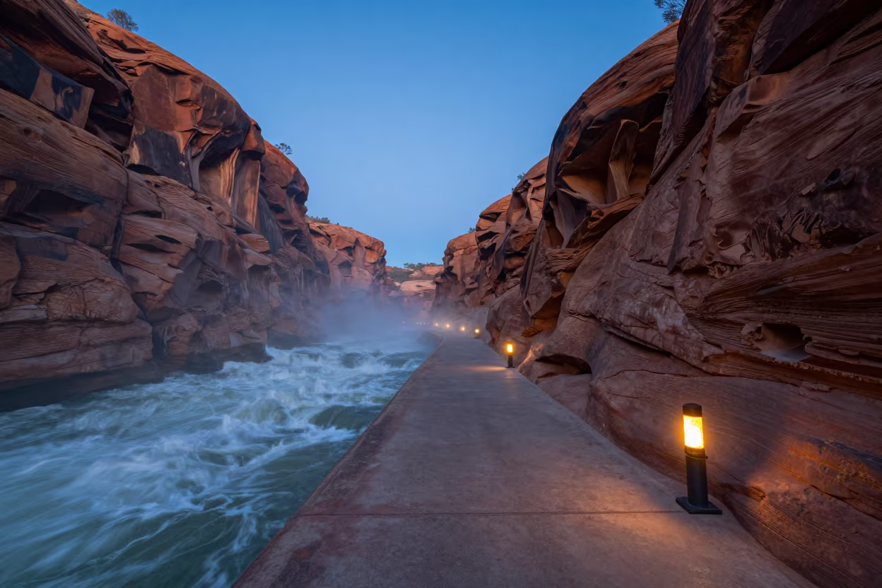 Twilight Walkway Above Roaring Spillway Mist Canyon in above a spillway chute with spray rising in Australia
