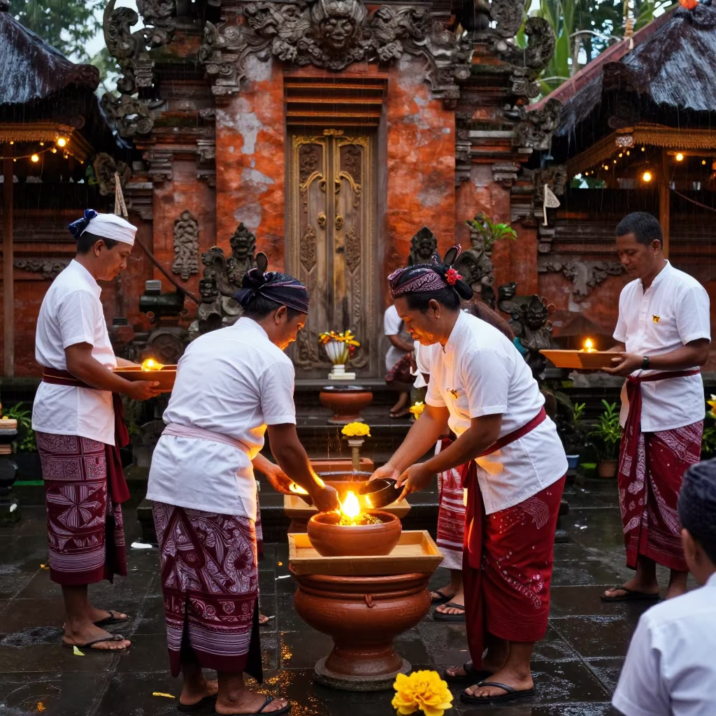 Twilight Water Blessing Ceremony in Balinese Temple in in a temple courtyard in Yogyakarta