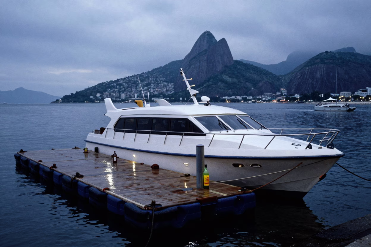 Twilight Water Taxi at Rio de Janeiro Floating Dock with Bottle and Coffee Grinder in in Rio de Janeiro, Brazil