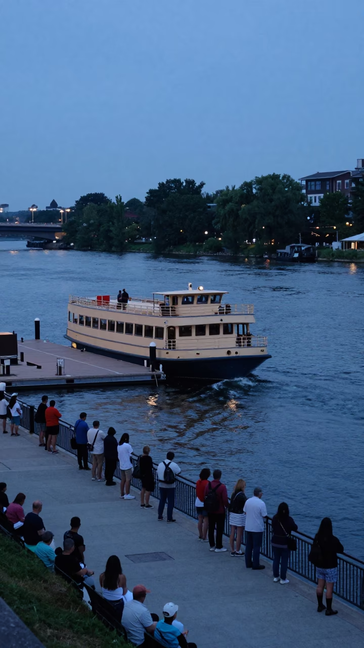 Twilight Water Taxi Dock Scene with Vintage Car Rally Spectators in Philadelphia Pennsylvania in in Philadelphia, Pennsylvania, United States