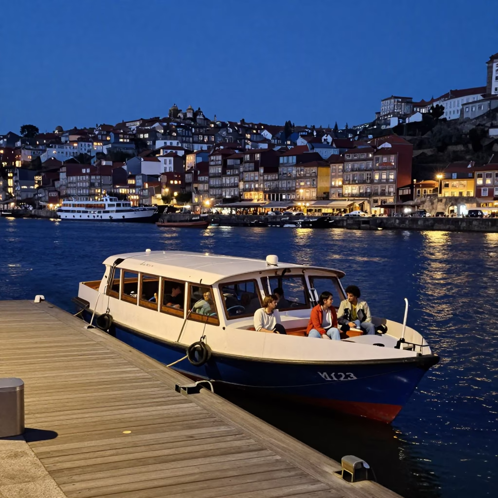 Twilight Water Taxi Docking at Ribeira Floating Pier in Porto Portugal in in Porto, Portugal