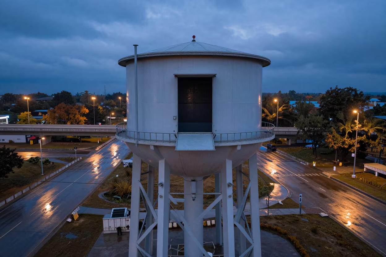 Twilight Water Tower Hatch Over Nagaland Interchange in across a windy overpass interchange in Nagaland