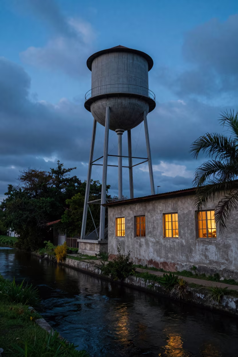 Twilight Water Tower House Canal Minatitlán in beside a canal-front facade in Minatitlán