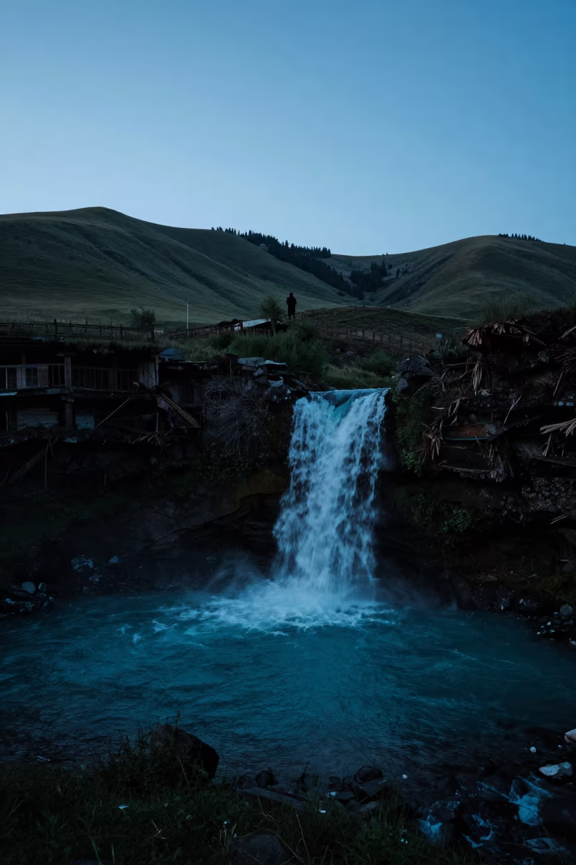 Twilight Waterfall Silhouette Over Almaty Foothills in from a ridge above layered foothills near Almaty
