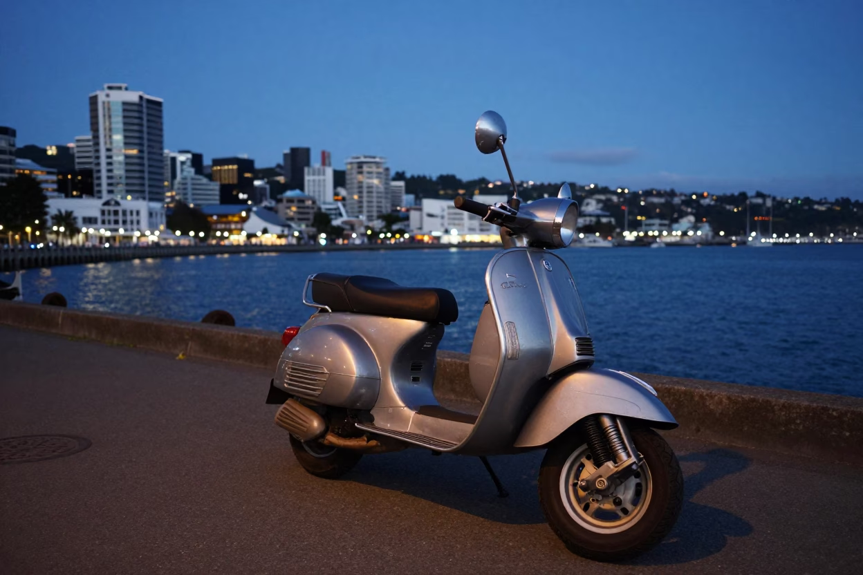 Twilight Wellington Harbor Promenade with Parked Scooter and City Skyline View in in Wellington, New Zealand
