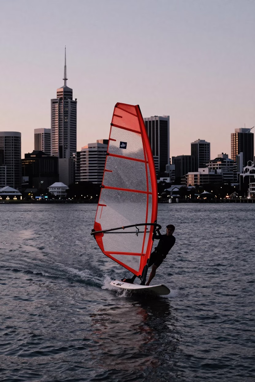 Twilight windsurfer planing across flat water in Auckland New Zealand harbor in in Auckland, New Zealand