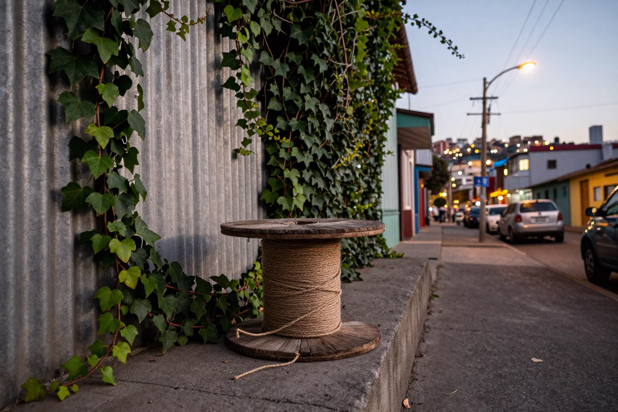Twine spool and ivy vines in Valparaiso Chile street scene at dusk in in Valparaiso, Chile