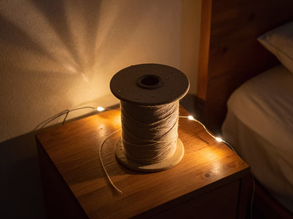 Twine Spool on Nighttime Bedside Table in on a bedside table in Bucaramanga