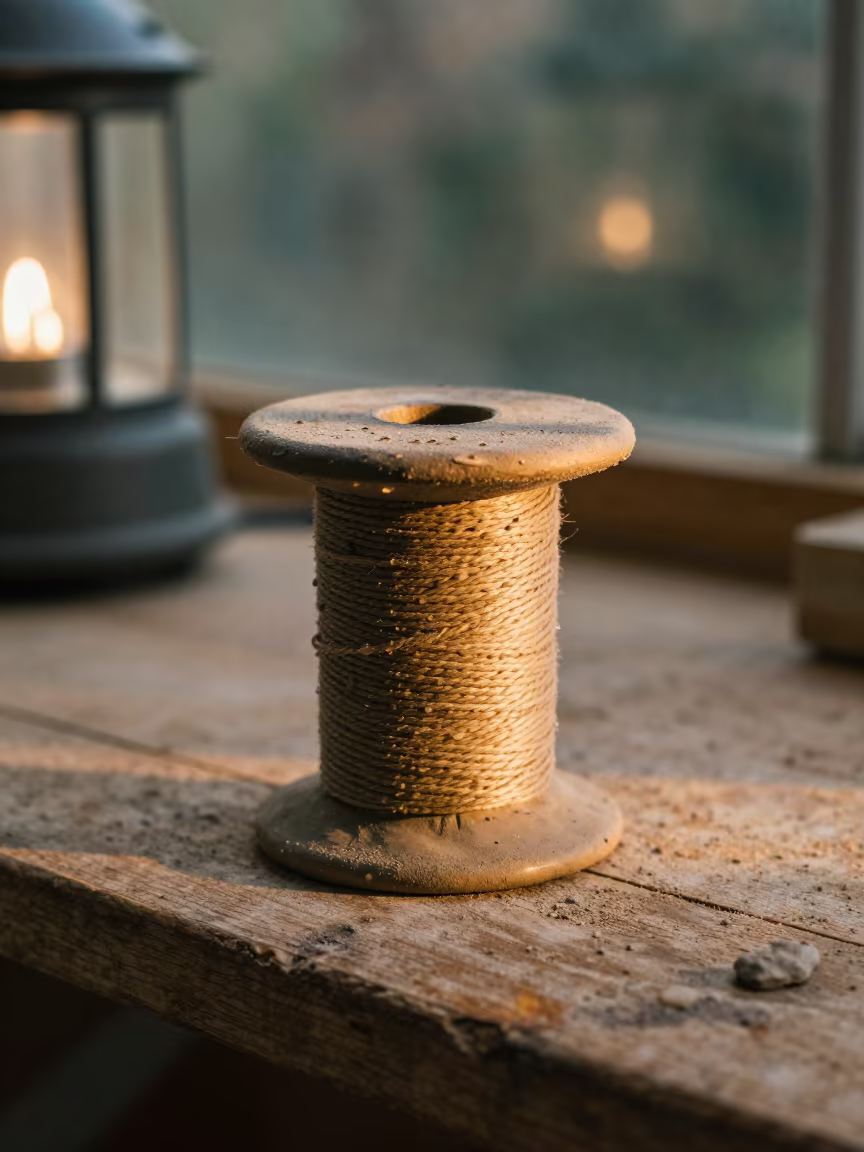 Twine Spool on Wooden Workbench in Issia Greenhouse in on a wooden workbench in Issia