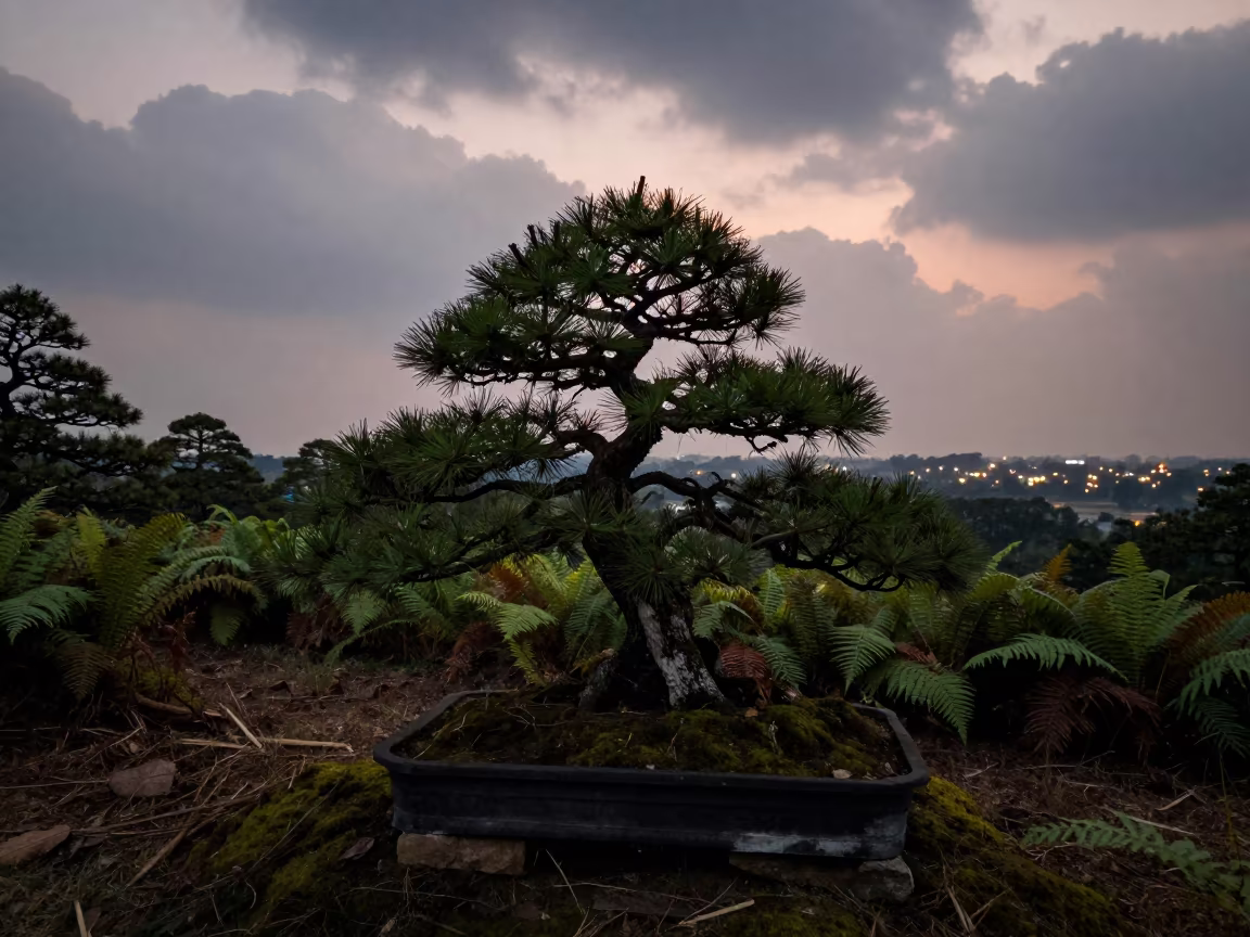 Twisted Bonsai Pine on Forest Floor at Dusk in on a fern-lined forest floor near Prayagraj