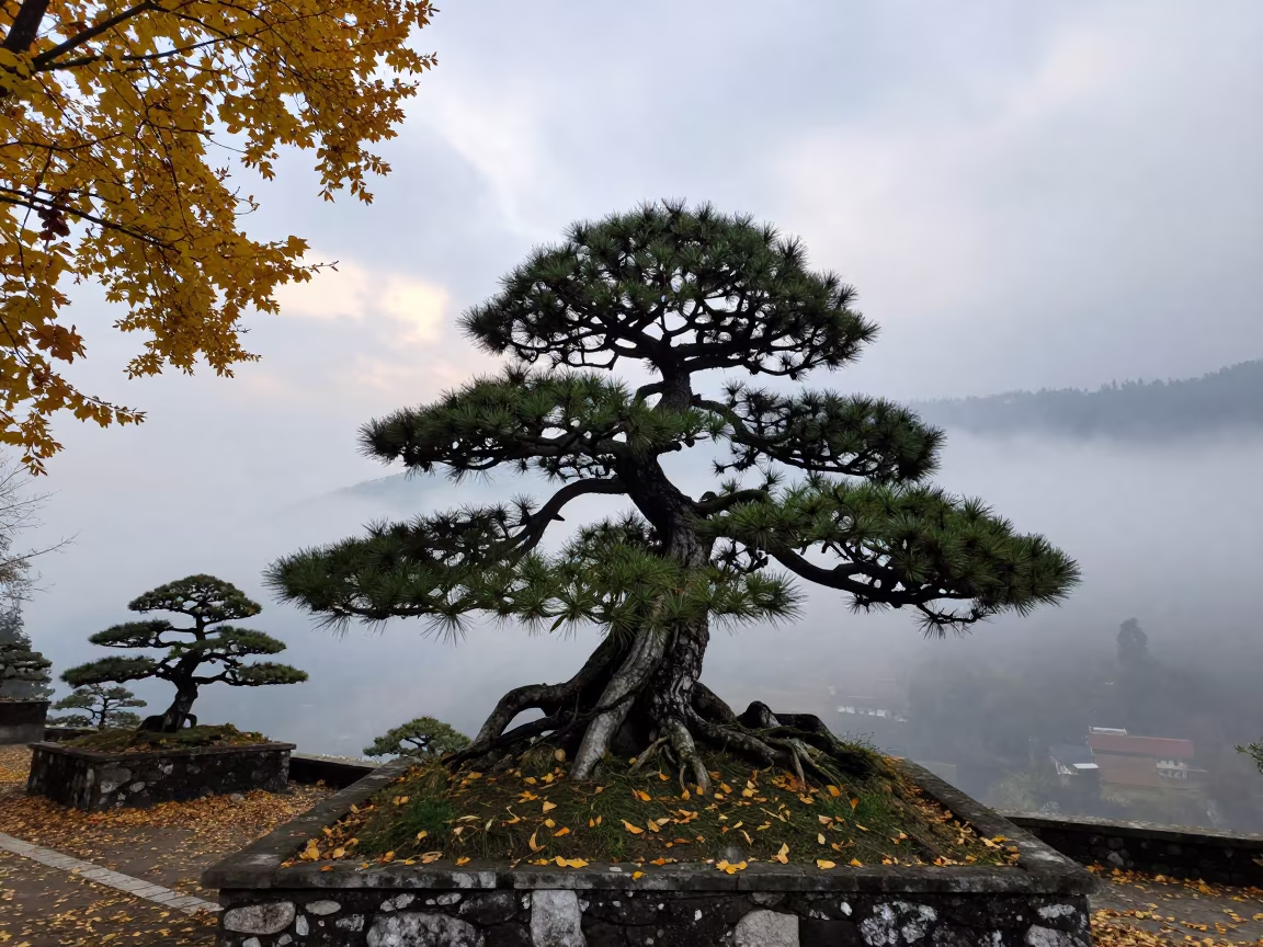 Twisted Bonsai Pine in Kashmir Dawn Garden in among terraced garden plots in Kashmir