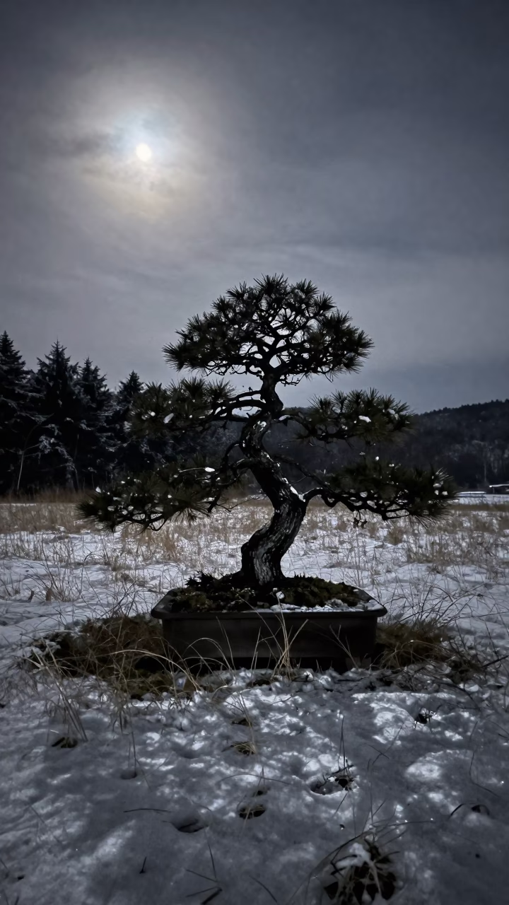 Twisted Bonsai Pine in Moonlit Black Forest Meadow in in a bloom-heavy meadow in the Black Forest