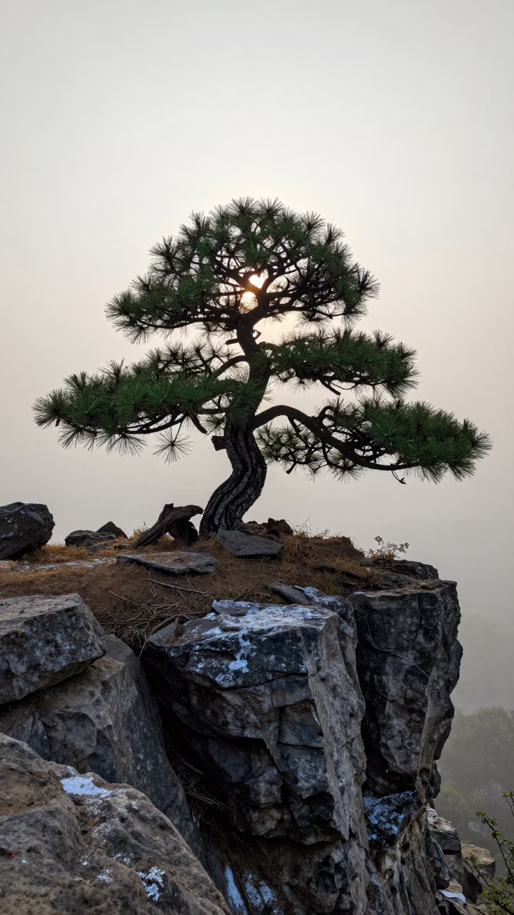 Twisted Bonsai Pine on Salt-Sprayed Cliff in Bihar Dawn in along a salt-sprayed cliff edge in Bihar