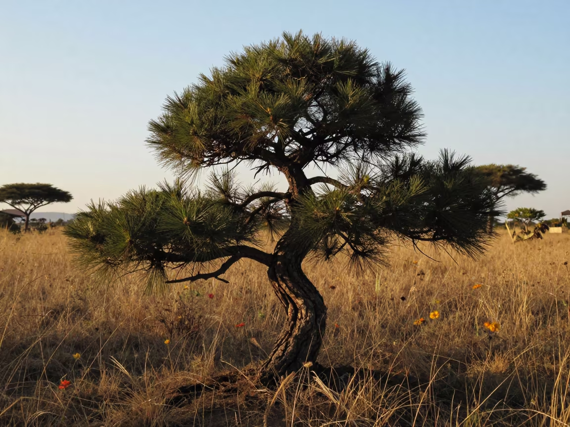 Twisted Bonsai Pine in Serengeti Meadow in in a bloom-heavy meadow in the Serengeti