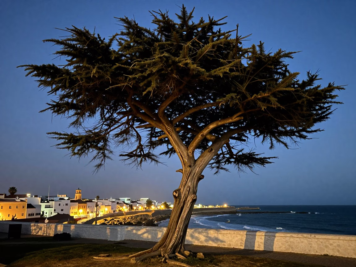 Twisted Cedar Tree and Coastal Lights in Essaouira Morocco Evening in in Essaouira, Morocco