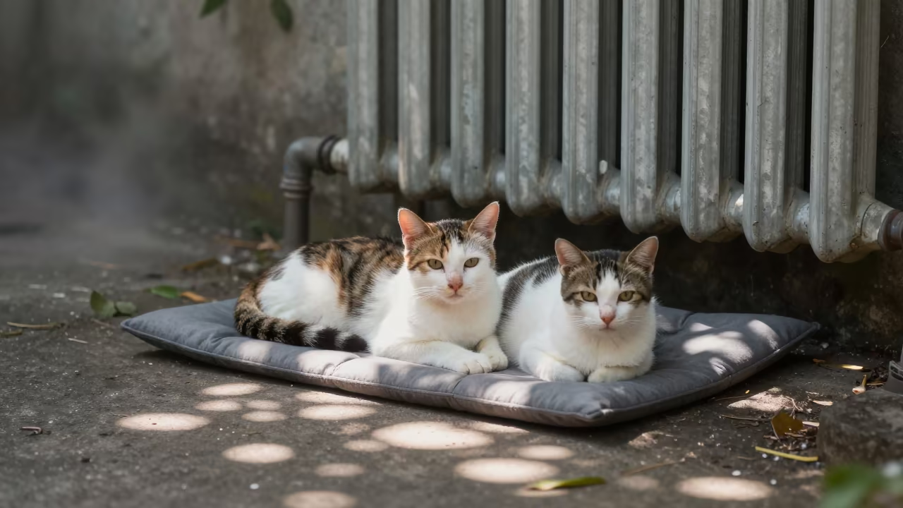 Two Cats on Cushion by Radiator in Midsummer Fog in near Changchun