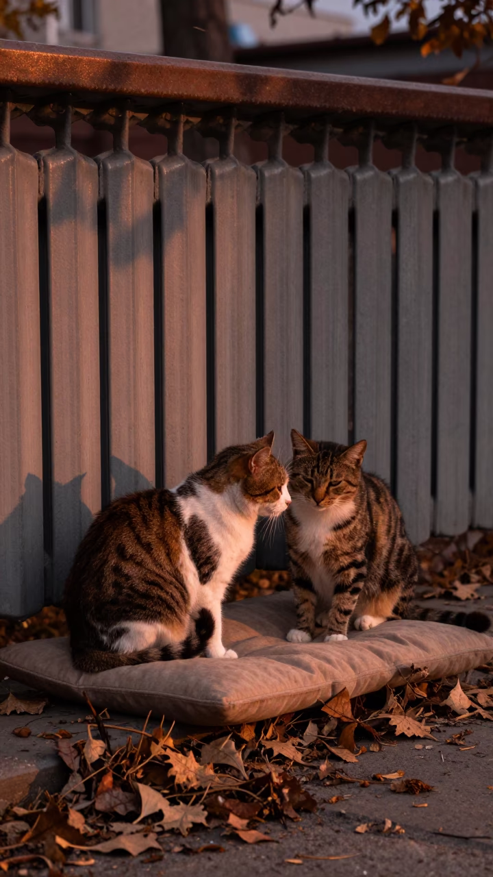 Two Cats on Cushion by Radiator in Tbilisi in near Tbilisi