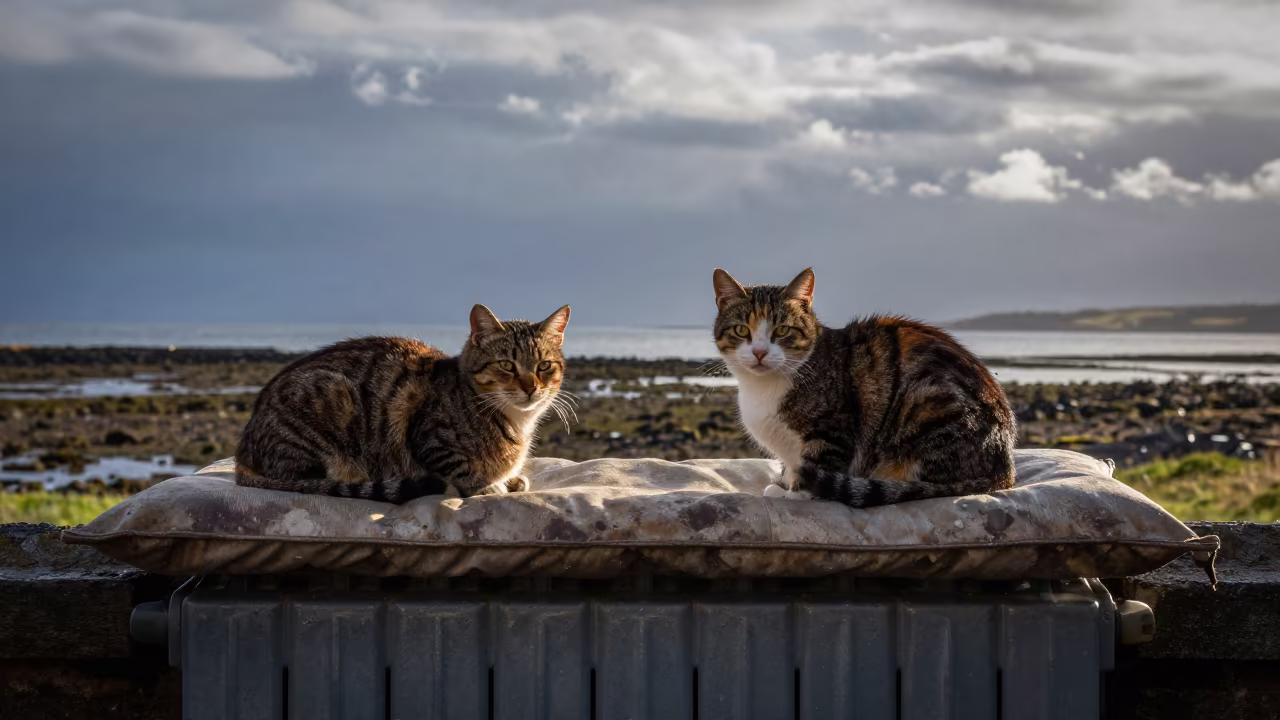 Two Cats Resting on Cushion by Radiator in beside a tidal inlet in Scotland