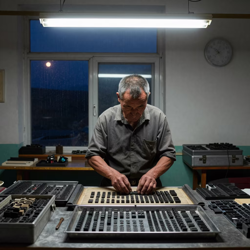 Typesetter Arranging Lead Letters at Night in in Golmud