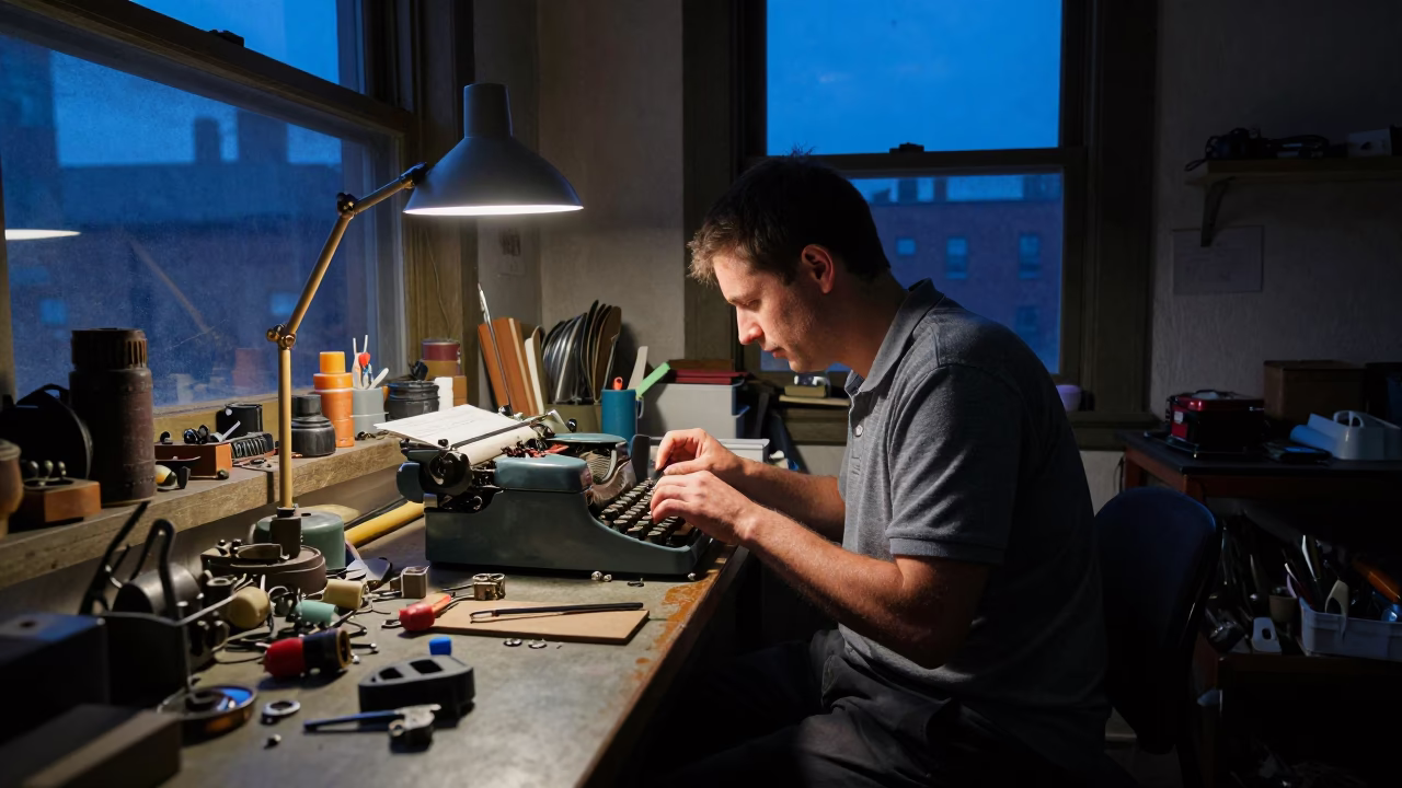 Typewriter Repairman in Cluttered New York Workshop During Blue Hour Evening in in New York, New York, United States