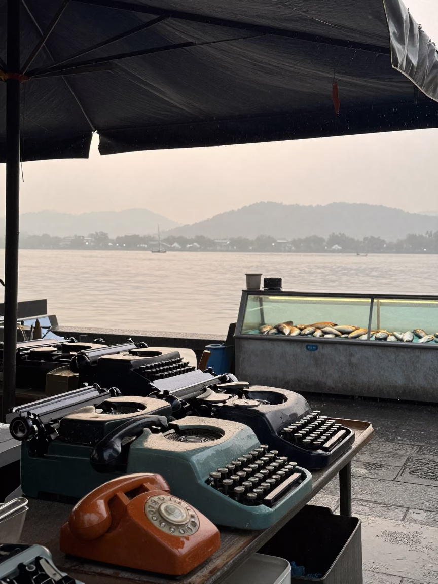 Typewriters and Phones Beside Fish Counter at Dawn in beside a fish counter in Hangzhou