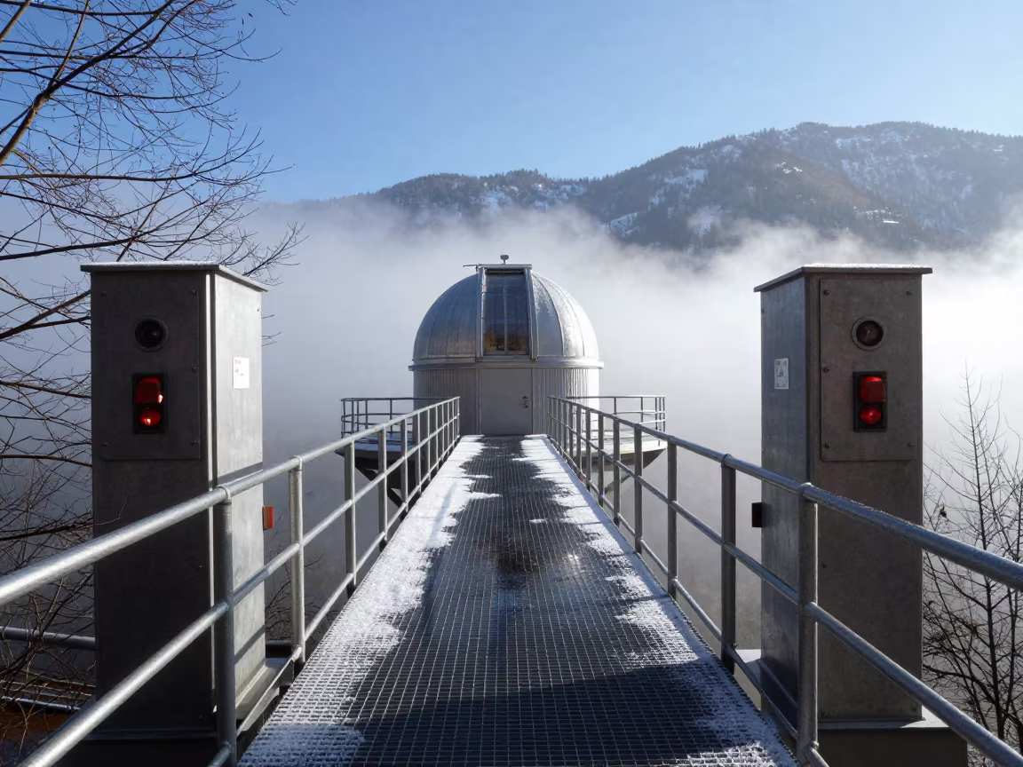 Tyrol Observatory Catwalk Wet Sleet Starlight Valley Fog in beside an observatory dome in Tyrol