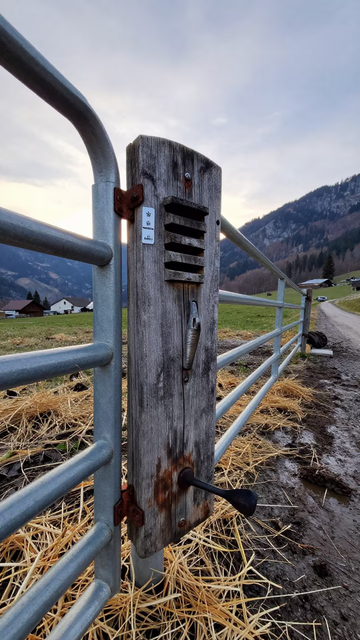 Tyrolean barn crank board dawn in beside a pasture gate in Tyrol