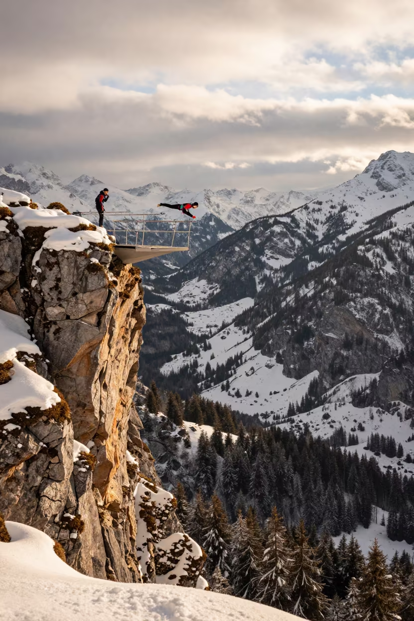 Tyrolean Cliff Diving at Golden Hour Winter Valley in across a wide valley floor in Tyrol