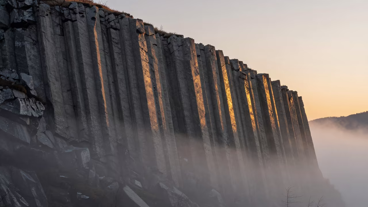 Tyrolean Columnar Basalt at Sunset Mist in in Tyrol
