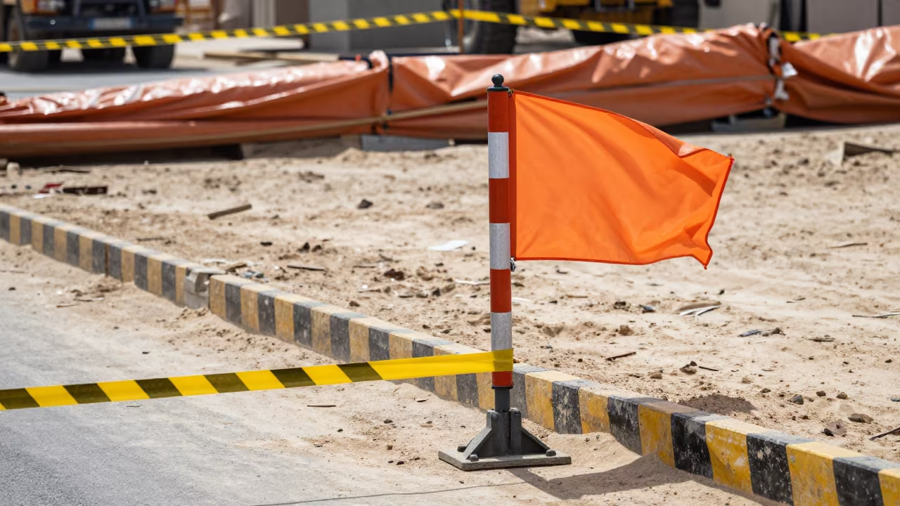 UAE Construction Flagger Stand Excavation Edge in inside a taped-off excavation edge in United Arab Emirates