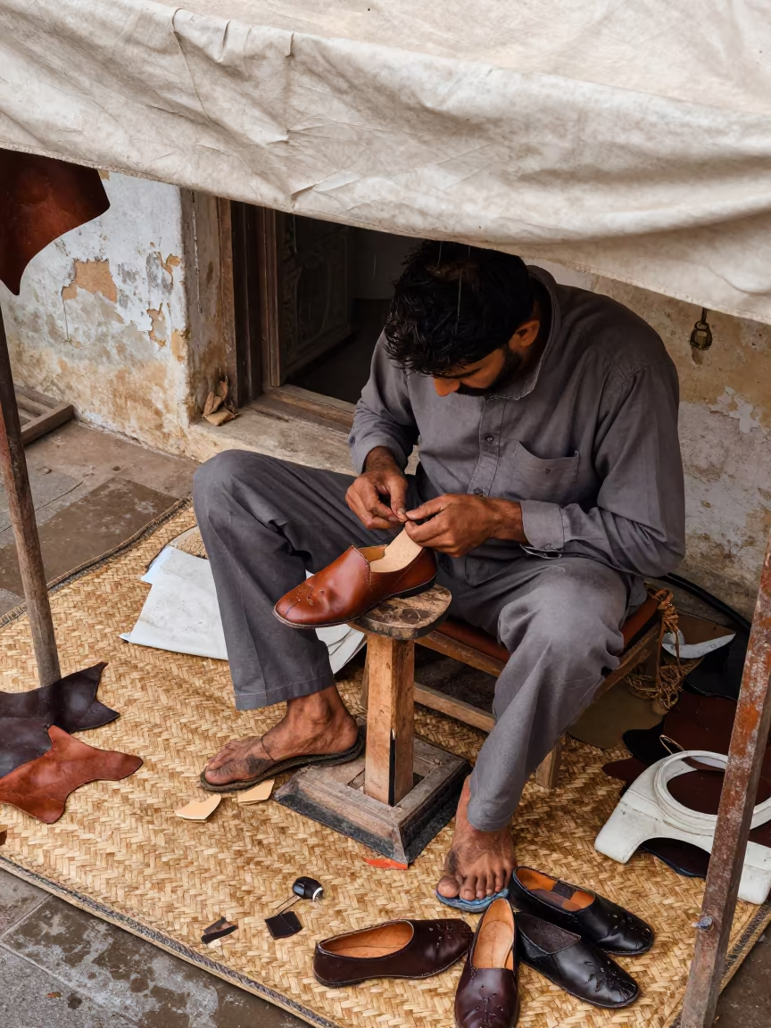Udaipur Cobbler Stitching Leather Slipper Under Canopy in under a market canopy in Udaipur