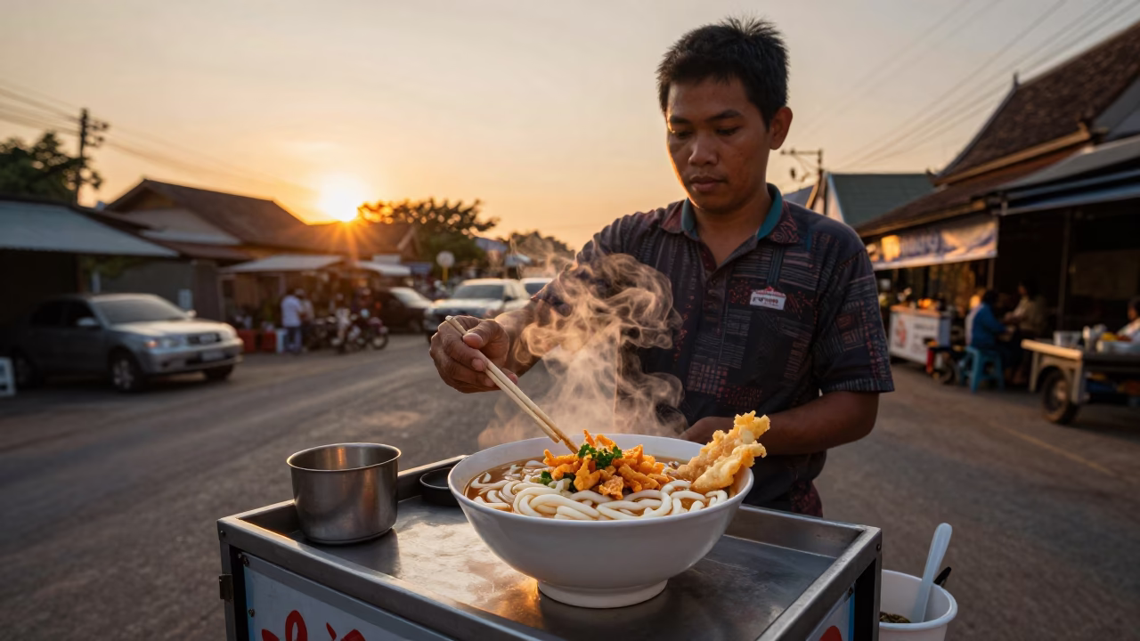 Udon Noodles in Chiang Mai at Sunset Light in in Chiang Mai, Thailand