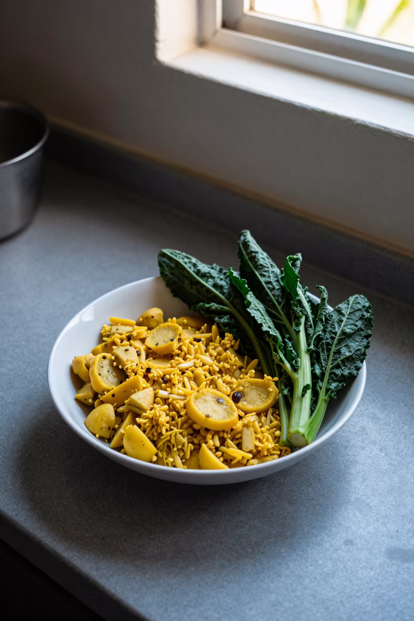 Ugali and Sukuma Wiki Bowl on Soroti Worktop in on a kitchen worktop in Soroti