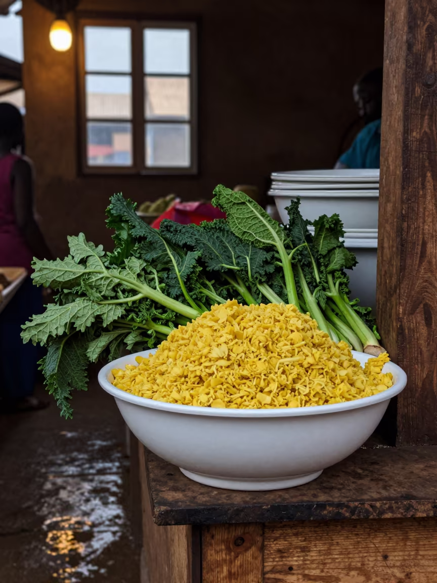 Ugali and Sukuma Wiki Market Bowl in at a market stall counter in Kigali