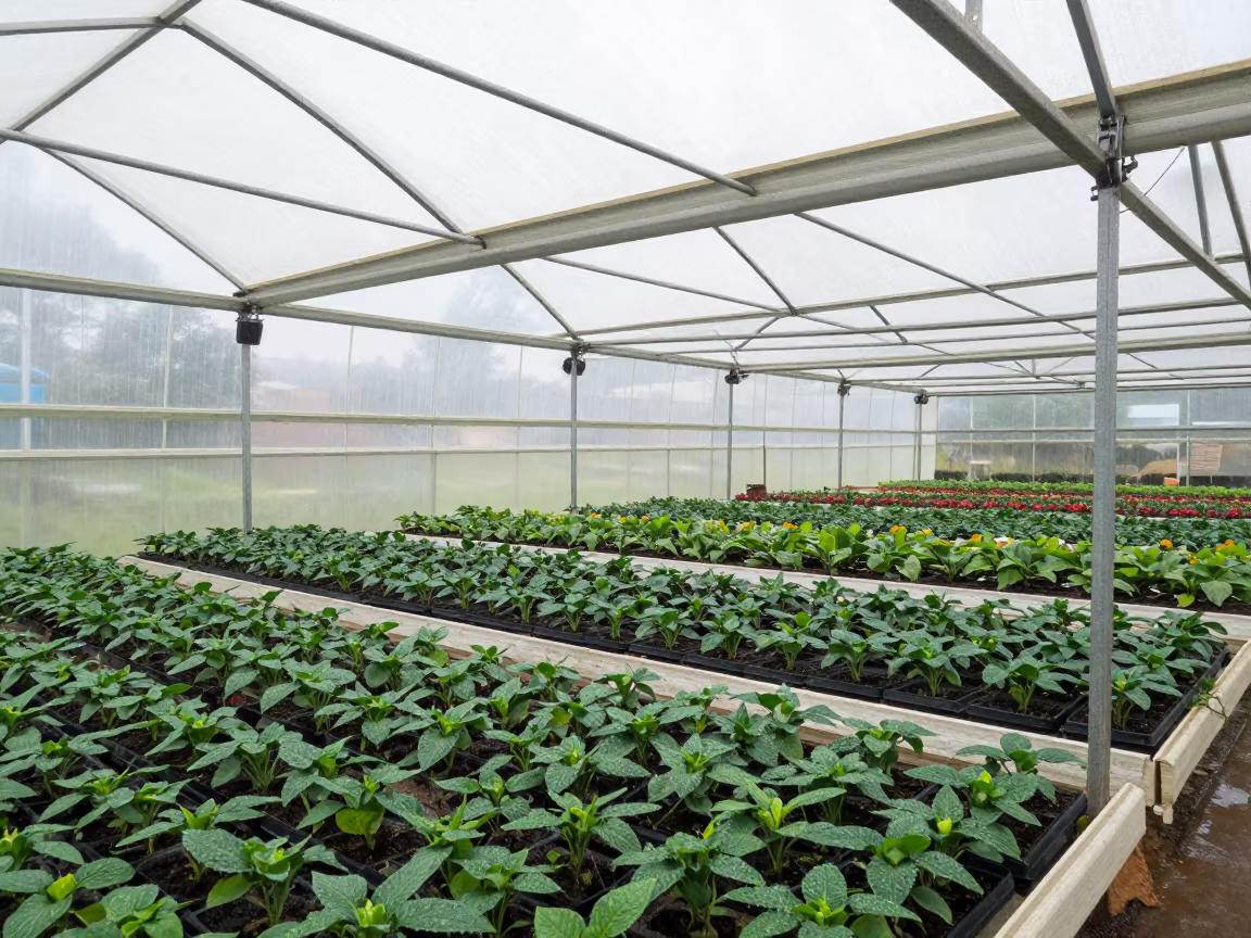 Uganda Greenhouse Flower Benches Winter Light in inside a humid greenhouse aisle in Uganda