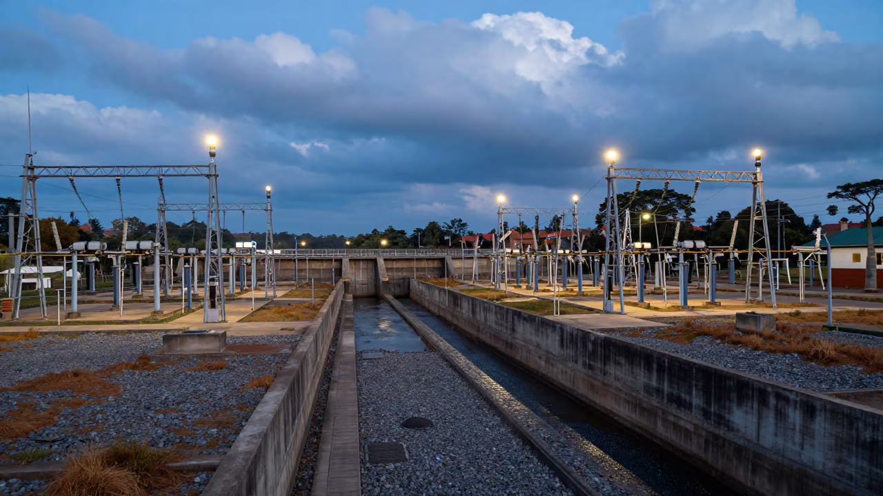 Uganda Substation Twilight Dam Spillway in along a dam spillway in Uganda