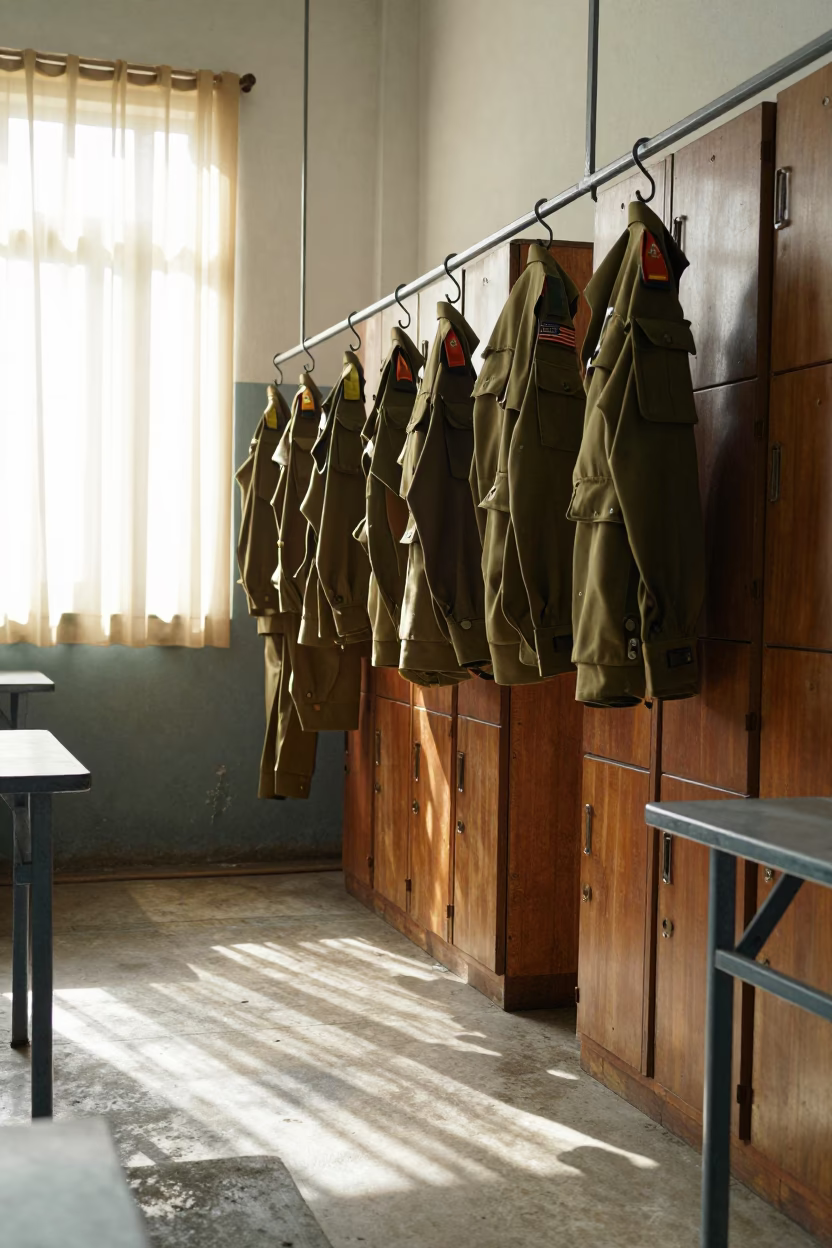 Ugandan Barracks Uniforms in Kampala Mess Hall in in a mess hall before service in Kampala