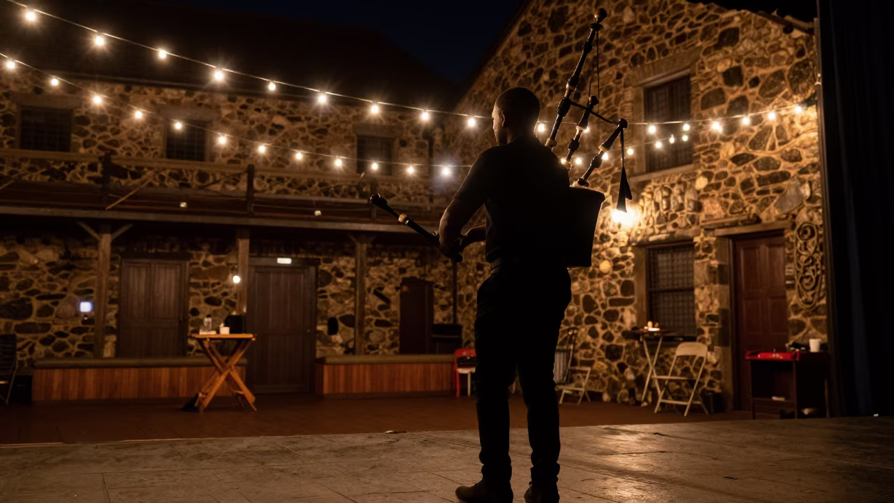 Uilleann Piper Silhouette Stage Kigali Night in on a theater stage in Kigali