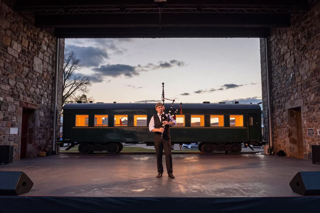 Uilleann Piper on St Petersburg Stage with Train Car in on a festival main stage in St Petersburg