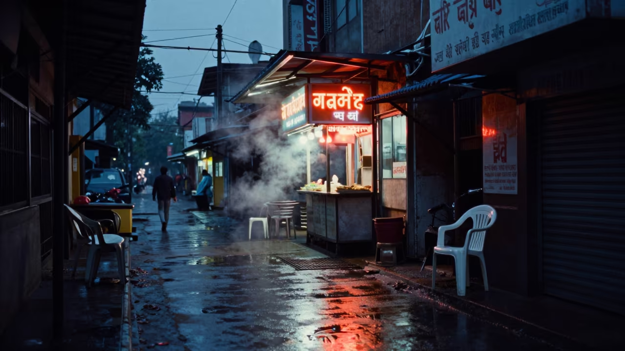 Ujjain Noodle Alley Tram Stop Rain Twilight in at a tram stop in Ujjain